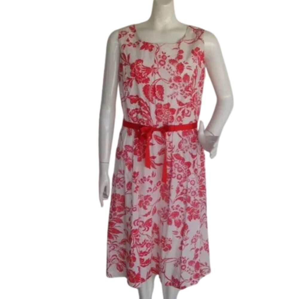 Vicki Wayne Dress, Vintage 16/Fits L, White, Red Toile Print, Sleeveless, Cotton